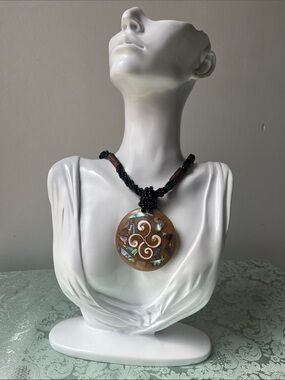 Handcrafted Resin Mosaic Pendant Necklace Abalone & Mother of Pearl Spiral Inlay